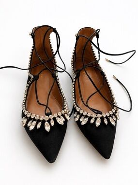 Aquazzura Black Crystal-Embellished Lace-Up Pointed Flats